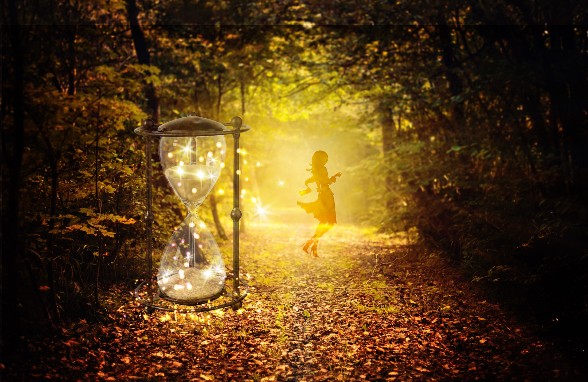 Divine timing magical hourglass in forest